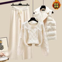 Women s Jackets Winter Thickened Three Piece Vest Coat Loose Sweater Wide Leg Pants Age Reducing and Slimming Set 231202