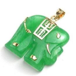 Green jade 18K GP elephant pendant necklace203p