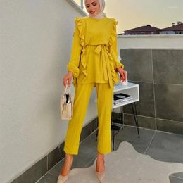 Ethnic Clothing Eid Mubarek 2 Piece Women Muslim Set Spring Autumn Fashion Long Sleeve Shirt Pants Suits Casual Dubai Turkey Abaya Sets