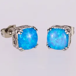 Stud Earrings KONGMOON 8x8 Cushion Ocean Blue Fire Opal Cabochon Silver Plated Jewelry For Women Simple Piercing