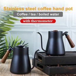 Coffee Pots 850ml Stainless Steel Pot with Thermometer Wood Handle Lo Mouth Cofngfee for Home Kitchen Espresso Coffeeware Teaware 231201