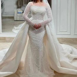 2024 Elegant Wedding Dress for Women with Detachable Train Square Neck Long Sleeves Mermaid Pearls Beads Bridal Gowns Customed Vestidos De Noiva