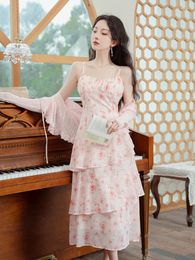 Casual Dresses Women Floral Print Dress Summer Sexy Pink Cake Beach Vestidos 2023 Elegant Spaghetti Strap Knitted Shawl