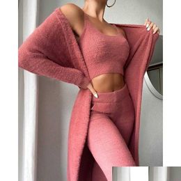 Women'S Tracksuits Womens Women 3 Piece Outfits Set Winter Y Fuzzy Fleece Long Cardigan Scoop Neck Crop Tank Top High Waist Pants Lo Dhh47