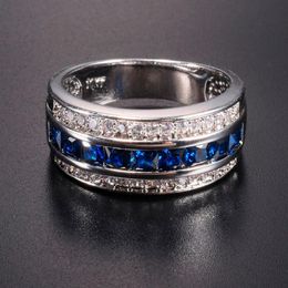 Men's Deluxe 10k White Gold Plated Blue Sapphire Garnet Crystal Stone Band Wedding Ring For Men Women Jewlry Size 8-12 J19070251o