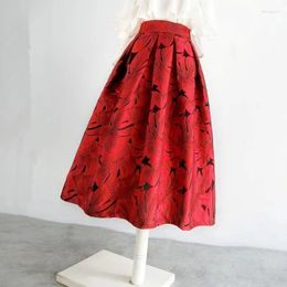 Skirts 2023 Spring Autumn Korean Style Women Chic Elegant Vintage Rose Floral Print High-waisted Pleated Red Midi Skirt Tutu Drop Ship