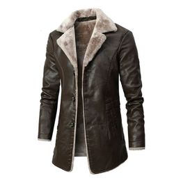 Men's Leather Faux 2023 Men Winter Long Thick Fleece PU Jacket Fashion Suit Collar Windbreaker Coats 231201