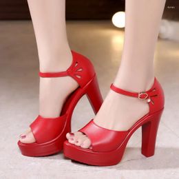 Sandals Small Size Red Sier Leather Wedding Shoes Bride Summer Elegant Block High Heels Women for Office Party