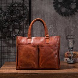 Briefcases Vegetable Tanned Leather Briefcase Men Handbag Retro Casual Men's Laptop Bag Business Portable Original