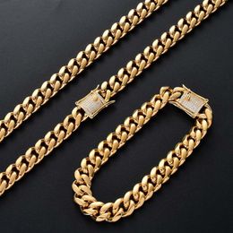 Stainless Steel Miami Cuban Link Chain Jewellery Set 18inch 22inch Choker Necklace Cubic Zirconia Clasp Diamond 7inch 8inch Bracelet239B