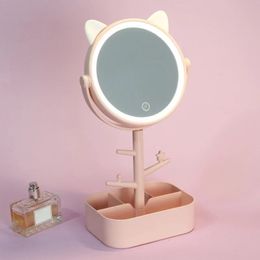 Compact Mirrors Ears LED Makeup Mirror With Light Lamp With Storage Desktop Rotating Cosmetic Mirror Light Adjustable Dimming USB Vanity Mirror 231202
