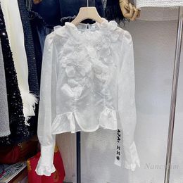 Women's Blouses Studded Beads Flower Stand Collar Shirt Spring And Autumn Chic Beautiful White Shirts Lady Elegant Top