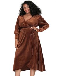 Plus Size Dresses Elegant Autumn Long Sleeve Midi Velvet Wrap Dress Women Brown Tie Waist V-neck Formal Party Large 7XL 8XL