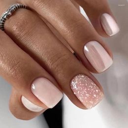 False Nails Light Pink Glitter Powder Pearlescent Lovely Sweet Wearable Fake Full Cover Finished Press On With Glue