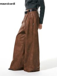 Men's Pants Mauroicardi Spring Autumn Long Loose Casual Brown Pu Leather Men Wide Leg LUxury Designer Unisex Trousers Fashions 2023 231202