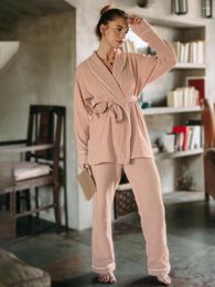 Women's Sleepwear Marthaqiqi Cotton Ladies Suit Long Sleeve Pajamas Lace Up Nightwear Turn-Down Collar Nightie Pants Women Home Clothes