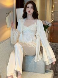 Women's Sleepwear French Pyjamas Three Piece Sets Autumn Silk Sexy Lace Fairy Wrapped With Spaghetti Straps Pants Princess