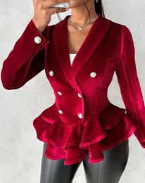 Women's Jackets Double Breasted Velvet Blazer For Women 2023 Ruffles Double-Breasted Jacket Outwear Plus Size Coat Office Lady