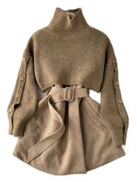 Women s Two Piece Pants Autumn Winter Knit Set Single breasted Turtleneck Cropped Pullover Sweater V neck Vest Dress Solid Women Suit 231202