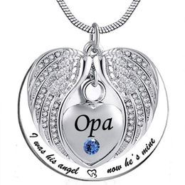 Unisex Angel Wing Birthstone Memorial Keepsake Ashes Urn Pendant Necklace 'i used to be his angle now he's mine'- 304D
