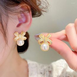 Dangle Earrings Huitan Aesthetic Bow Shape Imitation Pearl Stud For Women Sweet Girls Ear Accessories Gold Colour Luxury Trendy Jewellery