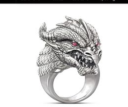 Luxury Sculpted Dragon Head Ring with Red Eyes for Men Punk Style Vintage Male Ring Party Finger Ring Men Rings Animal Jewelry7295020