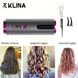 Hair Rollers KLINA Electric Cordless USB Automatic Curling Iron Anti-tangle Portable Rotating Curling Iron Hair Rollers Curler For Hairstyle 231202