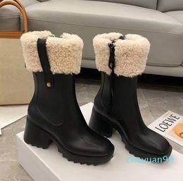 Women Betty Boots Beeled Fur High heels Knee-high tall Rain Boot Waterproof Rubber Soles Platform Outdoor RainshoesLuxury Designer factory shoes