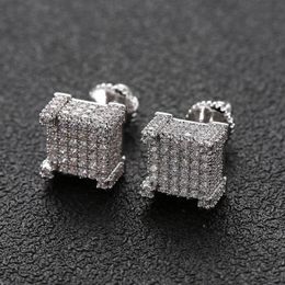 Fashion Hip Hop Earrings for Men Gold Silver Iced Out CZ Square Stud Earring With Screw Back Jewelry170S