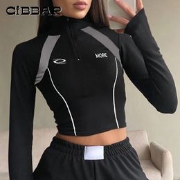 Women s Sweaters CIBBAR Casual Zip Up Elastic Crop Top Women Skinny Long Sleeve Streetwear y2k T Shirt Autumn Winter Techwear Clothing Punk Style 231201