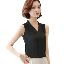 Women's Blouses Korean Style White Chiffon Blouse Elegant Office Lady Sleeveless V Neck Shirts And Summer Work Basic Top Blusas