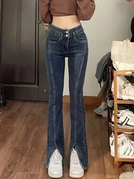 Women s Jeans Stretch Slit Straight Spring Slim Fit Large Size Fat MM High Waist Slightly Flared Forked Wide leg Pants 231201