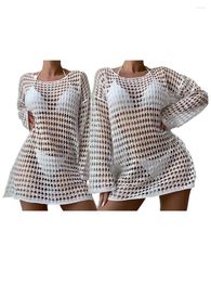 Women's Swimwear Women S Crochet Cover Up Long Sleeve Knitted Beach Ups Dress Crewneck Hollow Out Tunic Tops