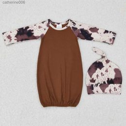 Clothing Sets Wholesale Kids Long Sleeves One-piece Brown Romper Toddler Hat Sleeper Clothes Baby Girl Western Cow Print Newborn Gown JumpsuitL231202