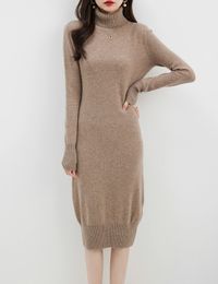 Basic Casual Dresses Elegant Fashion Cashmere Sweater Women 100 Merino Wool V Neck Long Sleeve Thick Knitted Dress Winter Long A Line Skirts 231201