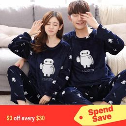 Women's Sleepwear Couple Autumn Winter Flannel Pajamas Men And Women Embroidered Thickened Warmth Coral Velvet Cartoon Home Clothes