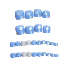 False Nails Square Press On Toenails Blue Silver Full Cover Artificial Nail Tips For Daily And Parties Wearing