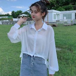 Women's Blouses Xpqbb Black White Shirts Women Lace Up Sun-Proof Thin Summer Transparent Blouse Female Wild Cool Streetwear Holiday Beach