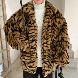 Men Blends Faux Fur Coat For Men Turn down Collar Tiger Leopard Imitate Jacket Thick Winter Warm Fluffy Plush Loose Jumper Outwear 231202