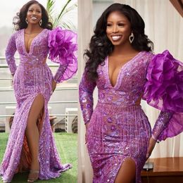 Grape Plus Size Aso Ebi Prom Dresses Illusion Mermaid Deep V Neck Front Split Sexy Long Sleeves Beading Lace Tulle Formal Dress Black Girls Second Reception