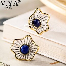 Stud Earrings V.YA S925 Sterling Silver Gold-Plated Natural Lapis Lazuli Simple Small Hollow Flower For Women Men Jewelry