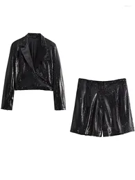 Women's Tracksuits Fashion Sequin 2 Piece Sets Blazer Spring Autumn Female Short Jacket Elegant Shorts Office Lady Club Suits 2023