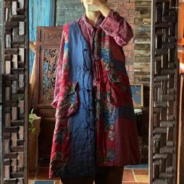 Women's Vests QPFJQD Female Long Coats Retro Printed Chinese Style Autumn Spring 2024 Loose Women Vintage V-neck Linen Cotton Jackets