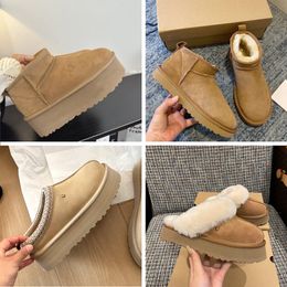 Designer-Schnee-Ug-Stiefel, australische Damenstiefel, Tasman, Bailey Dune, kastanienbrauner Winterpelz, Schnee, halbknielang, kurze Dame, Schaffell-Tazz-Wolle, integrierte Glies-Haar-Hausschuhe