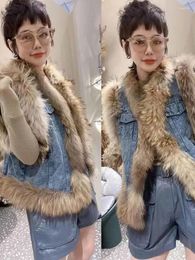 Women's Vests 2024 Winter Sleeveless Genuine Raccoon Fur Thick Warm Cotton Coat Vest Women Short Denim Patchwork Jeans Gilet