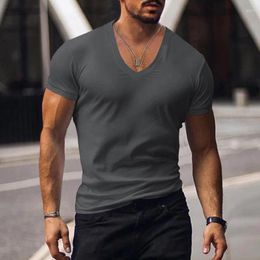 Men's T Shirts Casual Short Sleeve V Neck Shirt Slim Tee Mens Summer Leisure Pure Color Simple Basic Men Clothes Fashion Skinny Tops