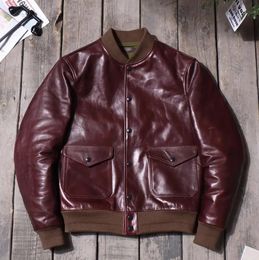 Men s Leather Faux YR Classic A1 Bomber genuine leather jacket men s real cowhide coat burgundy Shiny cloth Vintage style 231202