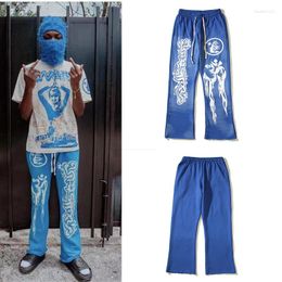 Men's Pants Hellstar Mens Blue Retro Mud Print Distressed Sports Casual High Street And Women's Bell-Bottoms