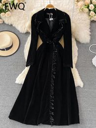 Casual Dresses EWQ Sweet Style Women's Velvet Solid Color Tassel Patchwork Notched High Waist Dress 2023 Autumn SN3866