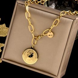 18k Gold and Silver Stainless Steel Love Letter coin pendant necklace for Women and Men - Hip Hop Queen Head Coin Choker Chain (JE262P)